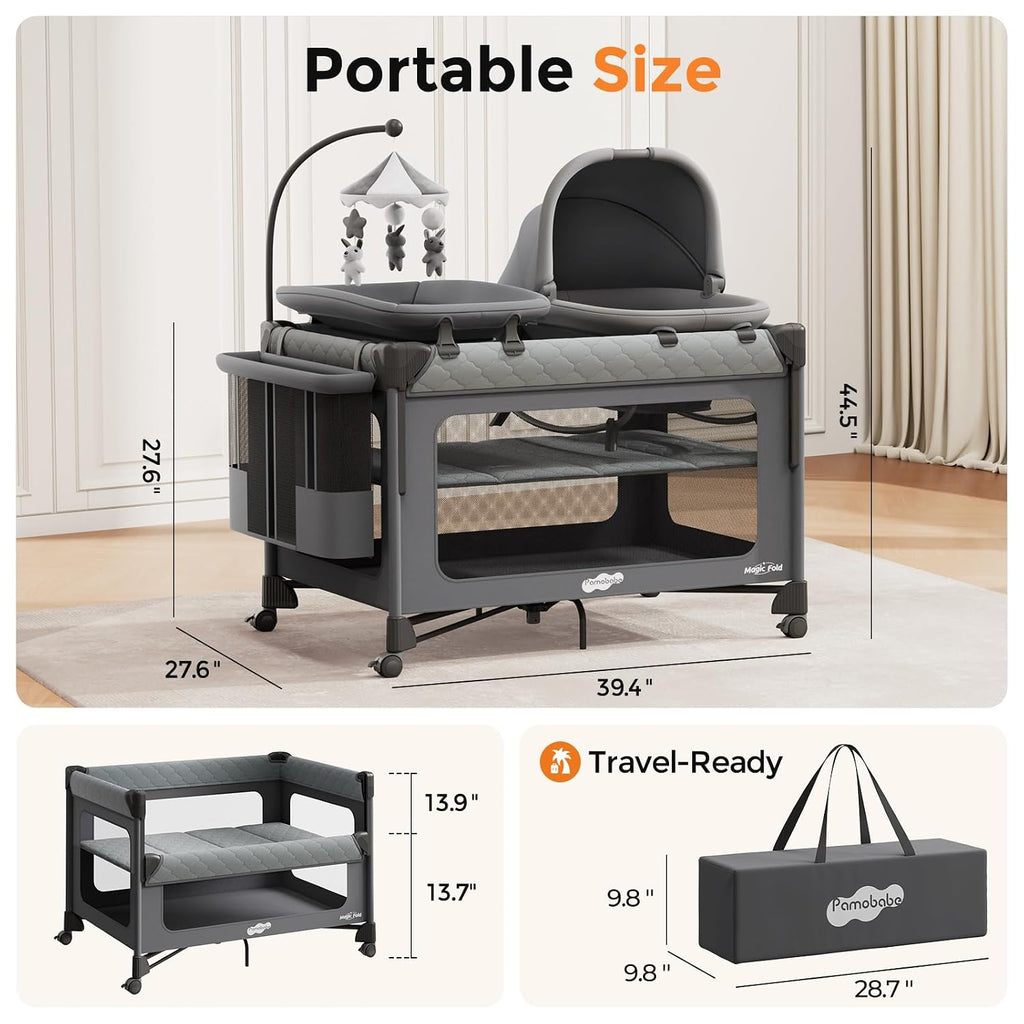 Pack and Play with Bassinet - 7 in 1 One-Step Setup Bedside Crib, Portable Playpen, Travel Crib, Baby Playard with