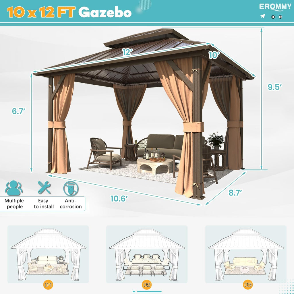 10' x 12' Hardtop Gazebo, Aluminum Frame Gazebos with Galvanized Steel Double Roof