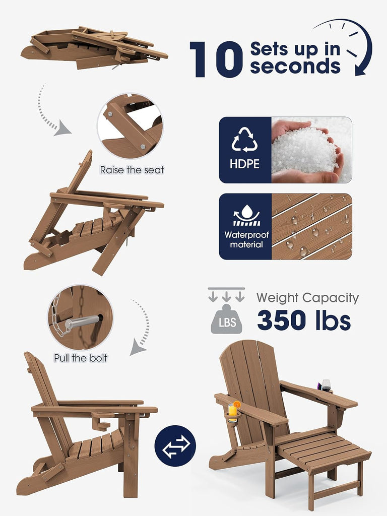 Folding Adjustable Adirondack Chair with Ottoman & 2 Cup Holders Set of 2, HDPE Adirondack Recliner Chair with