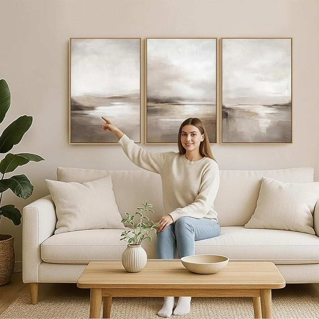Neutral Abstract Framed Wall Art - Minimalist Modern Nordic Calm Canvas Print Set, Landscape Shapes Earth Tone
