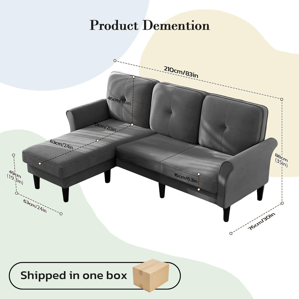 Sofas for Living Room, 83" Velvet Sectional Couch with Moveable Ottoman, Midcentury Modern Small Sectional Couch