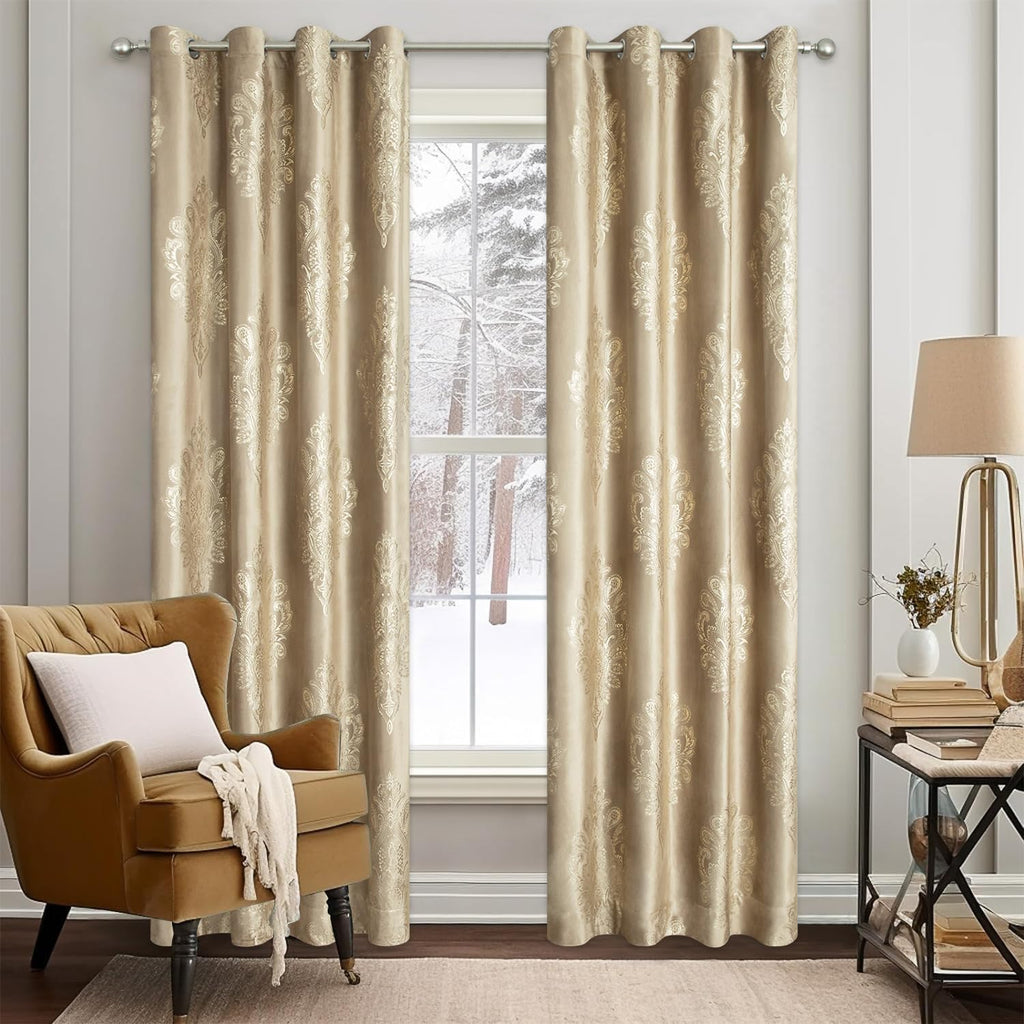 Vintage Floral Print Velvet Curtains, 52 x 96, 2 Panels, Brown