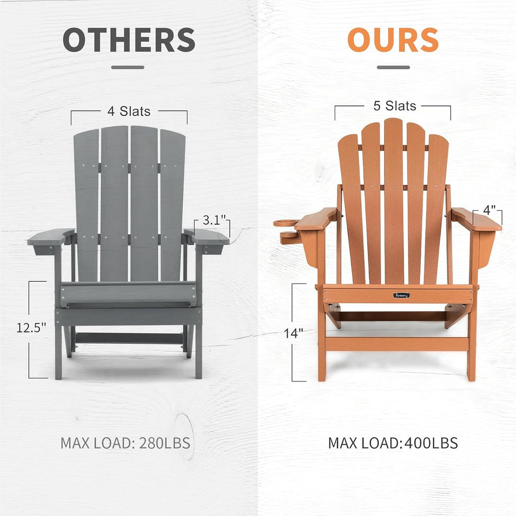 Folding Adirondack Chair Set of 2, Fire Pit Chairs with Cup Holder | Wood-Grain, HDPE All Weather, Quick-Folding, No