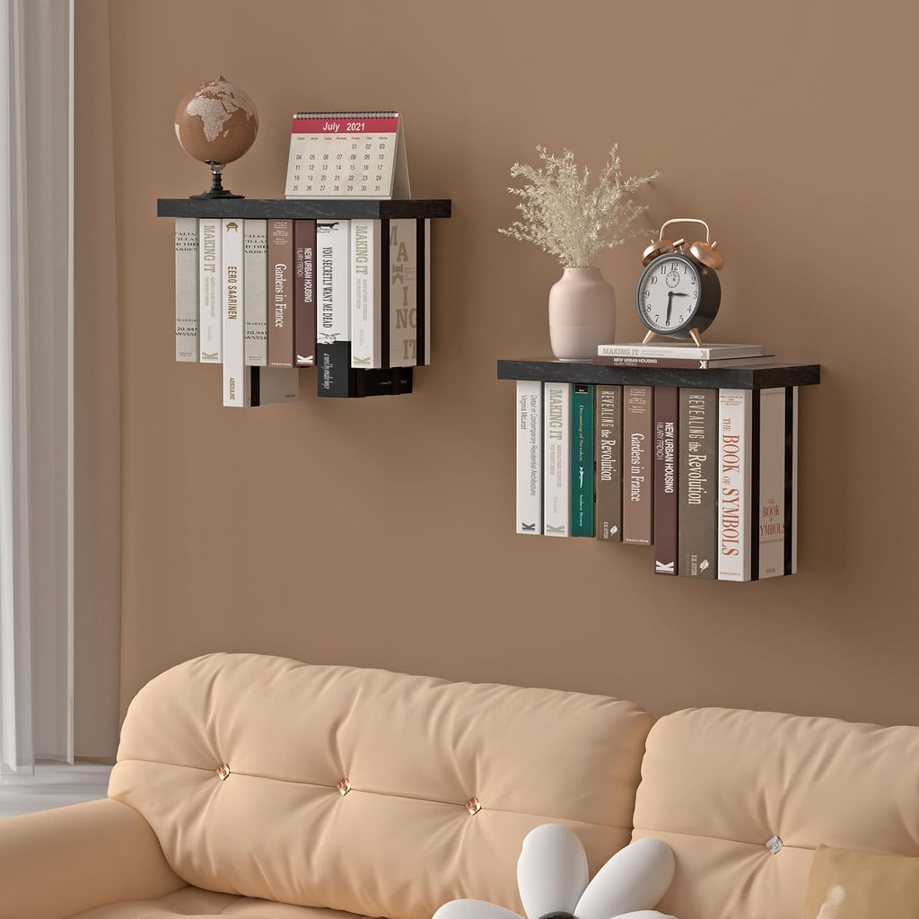 Floating Book Shelves for Wall Set of 2, Unique Wood Hanging Bookshelf | Easy Install Wall Bookshelf with Anti-Tilt