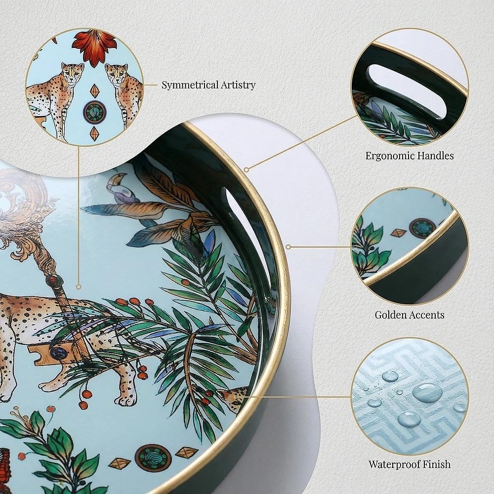 Round Decorative Tray, Marbling Plastic with Handles, Modern Vanity and Serving for Ottoman, Coffee Table, Kitchen
