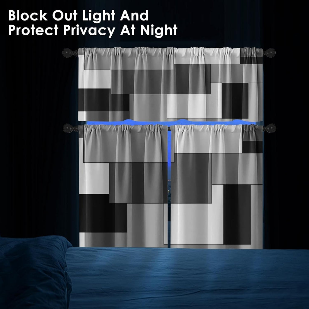 Black White Gray Kitchen Window Curtains Valance and Tier Set, Dark Grey Modern Geometric Rod Pocket Short