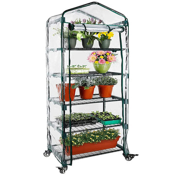 Upgraded 5-Tier Mini Greenhouse with Castors Wheels - Portable Small Gardening Green House with PVC Cover - Heavy