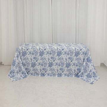 90"x132" White with Blue French Toile Pattern Wholesale Linens Polyester Tablecloths Banquet Linen Wedding Party