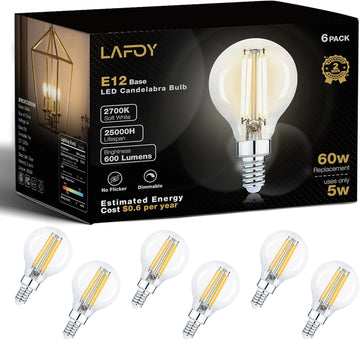 Round E12 Candelabra Bulbs G16.5 60W Equivalent, Dimmable LED Chandelier Light Bulb Soft White 2700K, Globe Lightbulb (6 Pack)