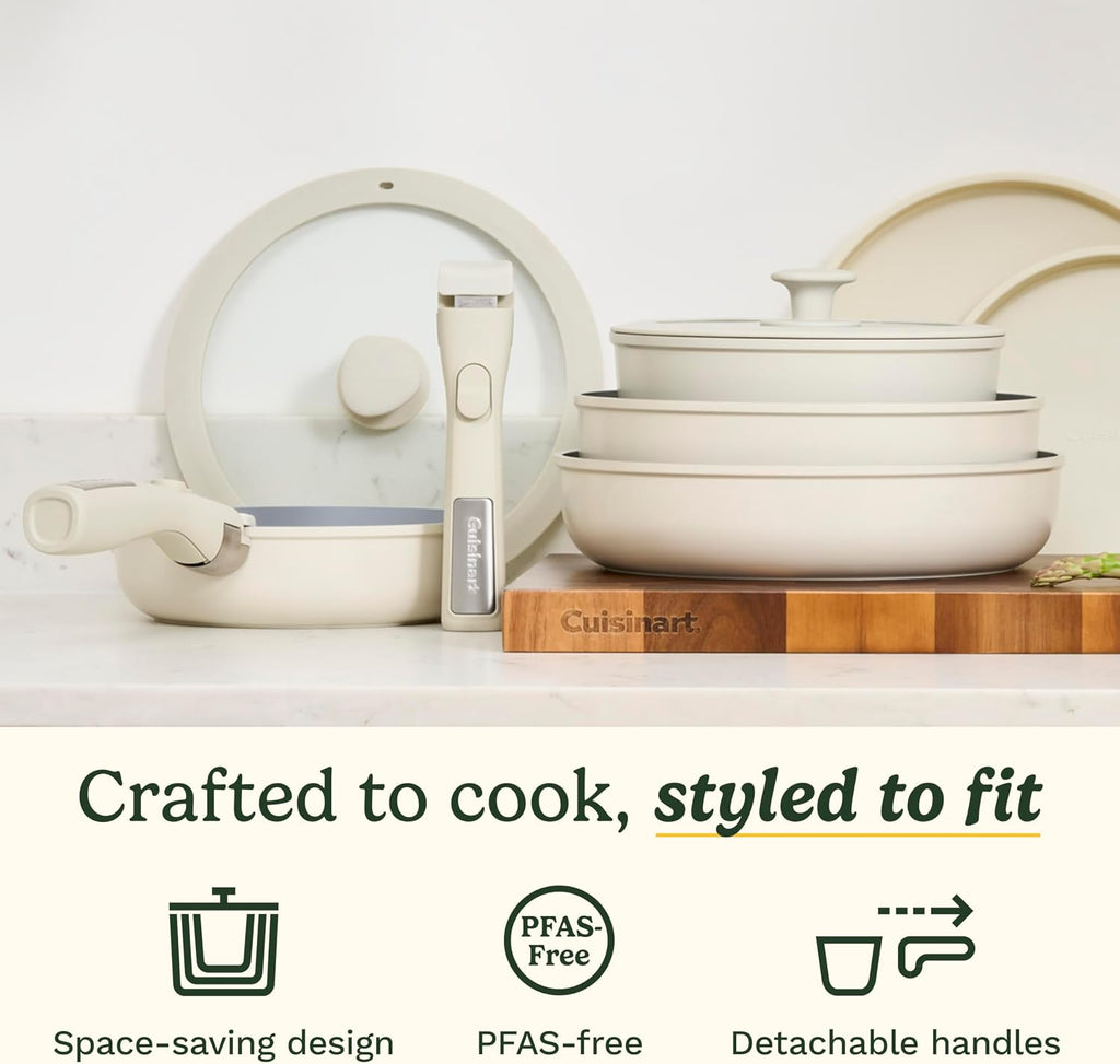13-Pc ClickSmart Nonstick Detachable Handle Ceramic Cookware, Pots and Pans Set, Stackable Space-Saving Design