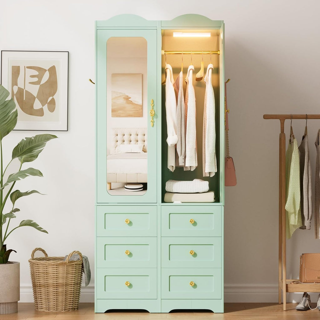 Armoire Wardrobe Closet, Green Bedroom Armoires Cabinet with Mirror Door and 6 Drawers, 69.5" H Wood Clothing Storage