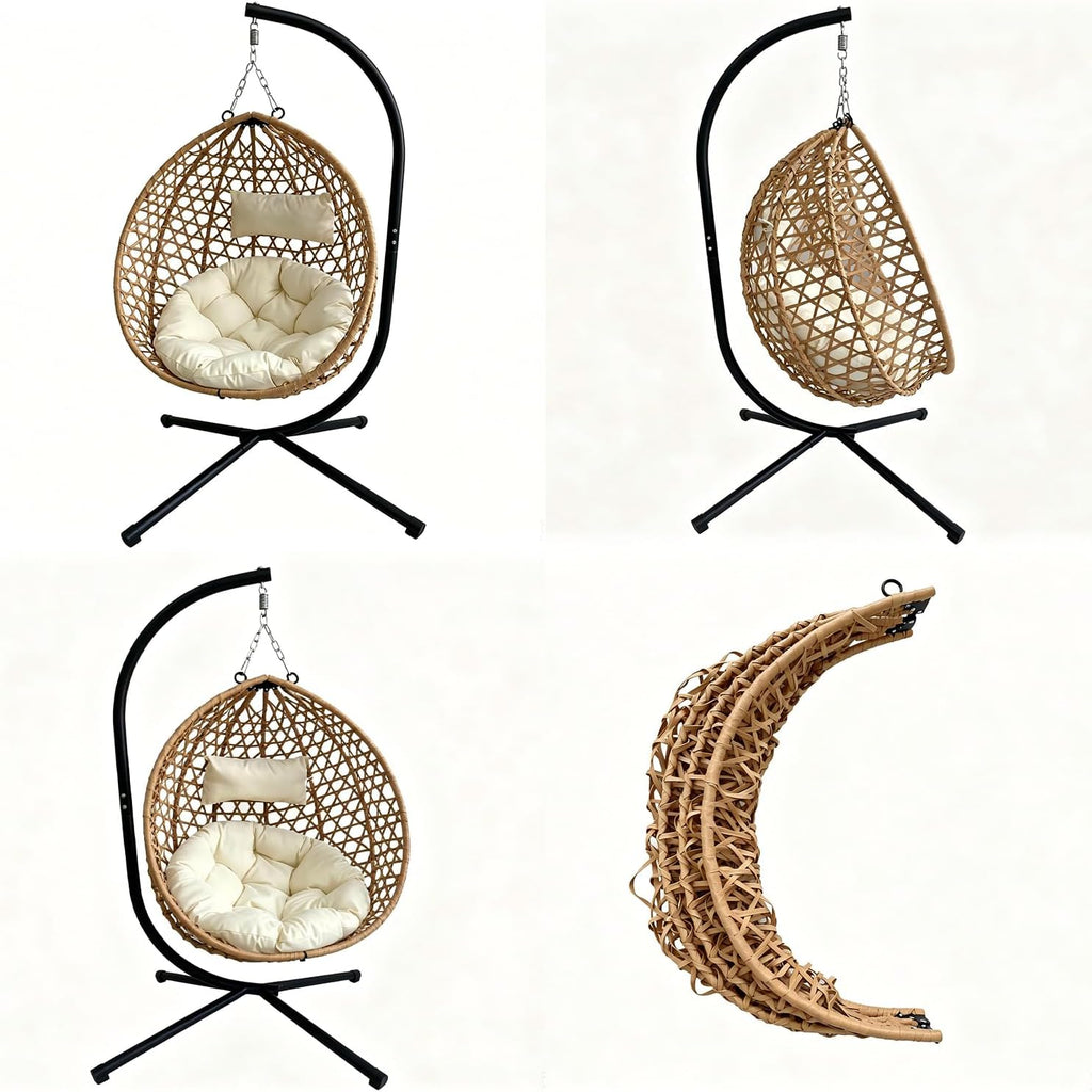 Hanging Egg Chair with Stand, Indoor Outdoor Foldable Hammock Chair with Cushion, HDPE Rattan Wicker Hanging Chair