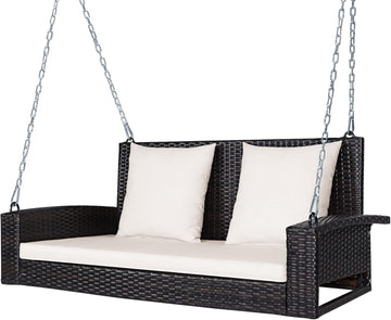 2-Person Wicker Porch Swing, Patiojoy Outdoor Rattan Hanging Swing Bench W/ 2 Back Cushions & 1 Seat Cushion, Sturdy