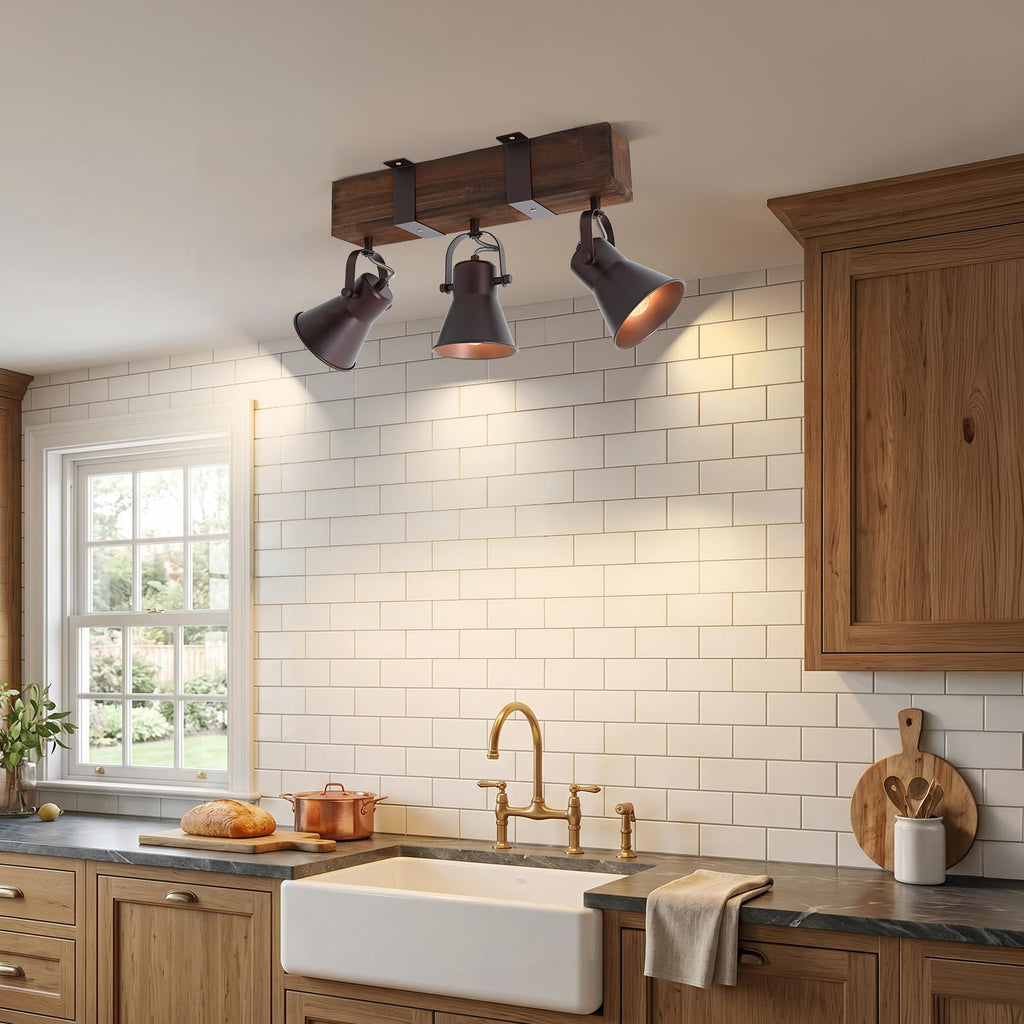 Rustic Kitchen Lights Ceiling, 3 Light Semi Flush Mount Ceiling Light, Farmhouse Wooden Track Lighting Fixtures