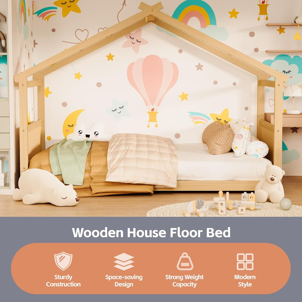Twin Montessori Floor Bed Frame, Solid Wood Kids House Bed Without Rails, Open Concept Toddler House Bed with