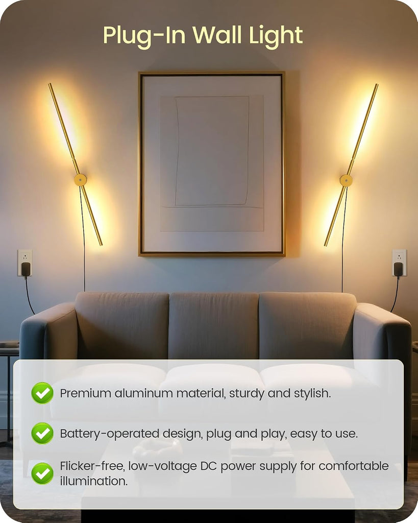 33" Wall Sconces Set of 2 with Remote Control, Dimming & 3 Color Temperatures, Plug-in Gold Wall Lights for Bedroom