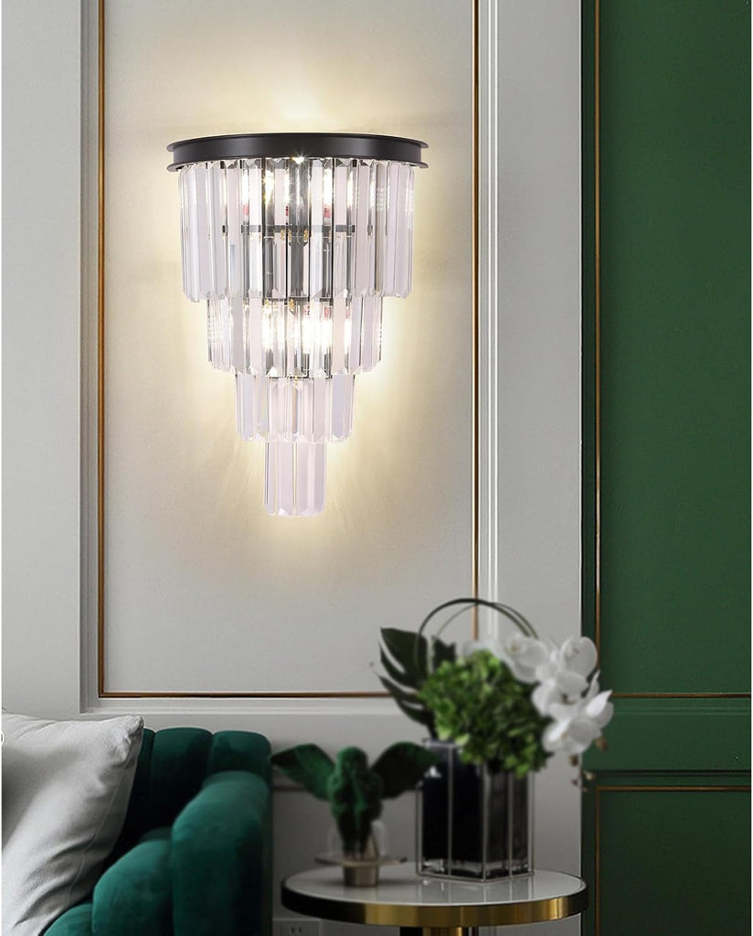 Black Crystal Wall Sconce, Modern 4-Tiers K9 Clear Crystal Wall Light Bedside Wall Mount Lamp for Living Room Bedroom