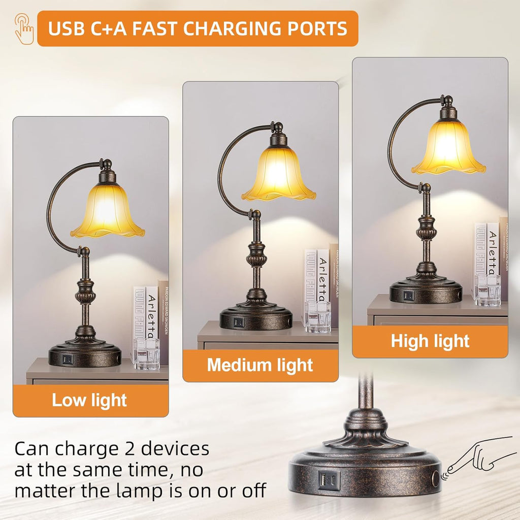 Farmhouse Table Lamp, 3-Way Dimmable Rustic Nightstand Lamp with USB A+C Ports