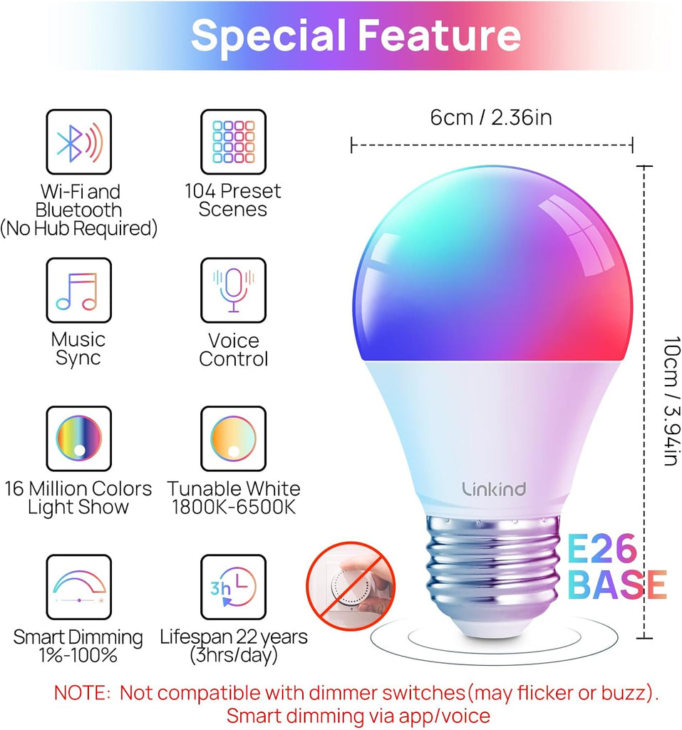 Smart Light Bulbs, Smart Bulb that Work with Alexa, Google Home, , LED Light Bulbs Color Changing RGBTW, 104