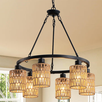 6-Light 24" Farmhouse Rattan Wagon Wheel Chandelier