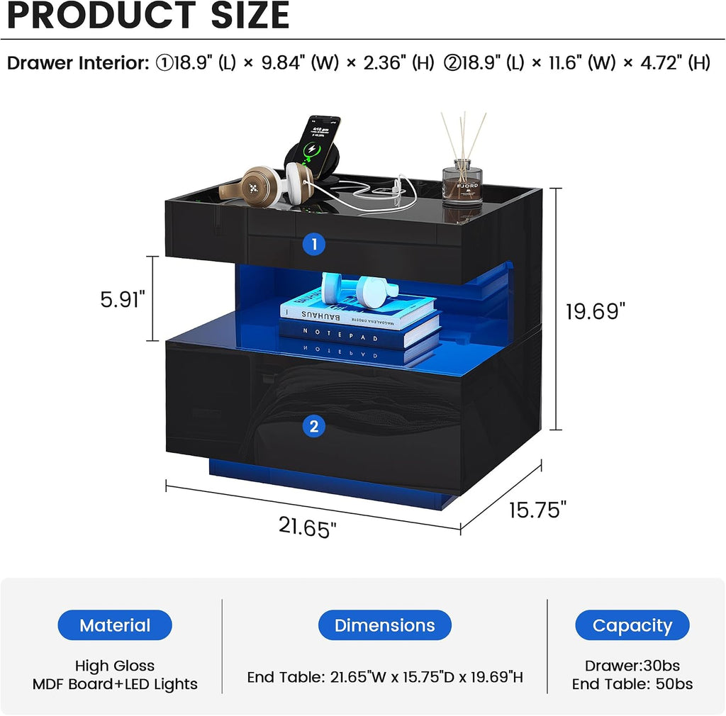 High‐Gloss Smart LED Nightstand | Motion‐Sensor 3‐Color Lighting, Hidden Storage Compartment, Gun Drawers, USB
