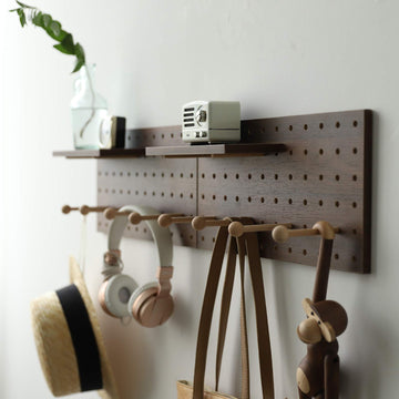 Wooden Pegboard Modular Display Organization Storage Wall Hooks Shelf(Color:Walnut)