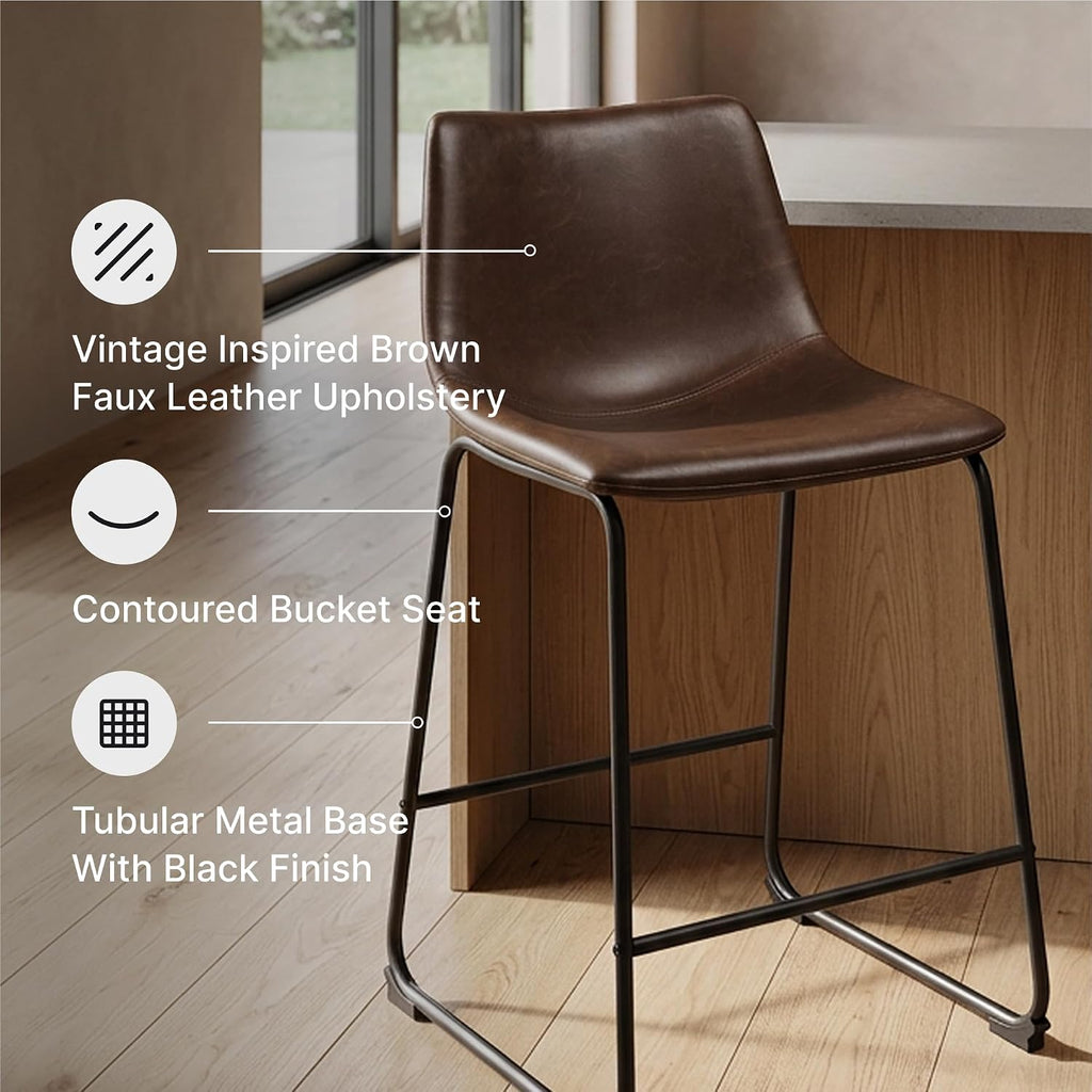 Centiar 24" Counter Height Modern Bucket Barstool 2 Count, Brown