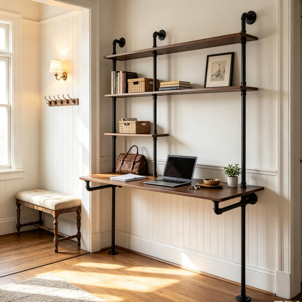 Industrial Pipe Desk Wall Mounted With Shelves, Computer Desk With Bookshelf