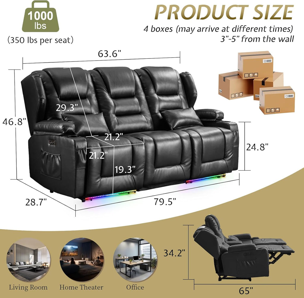 Power Loveseat Recliner Sofa with Adjustable Split Back, Multi-Port Charger, Flip-Up Backrest & LED Lighting