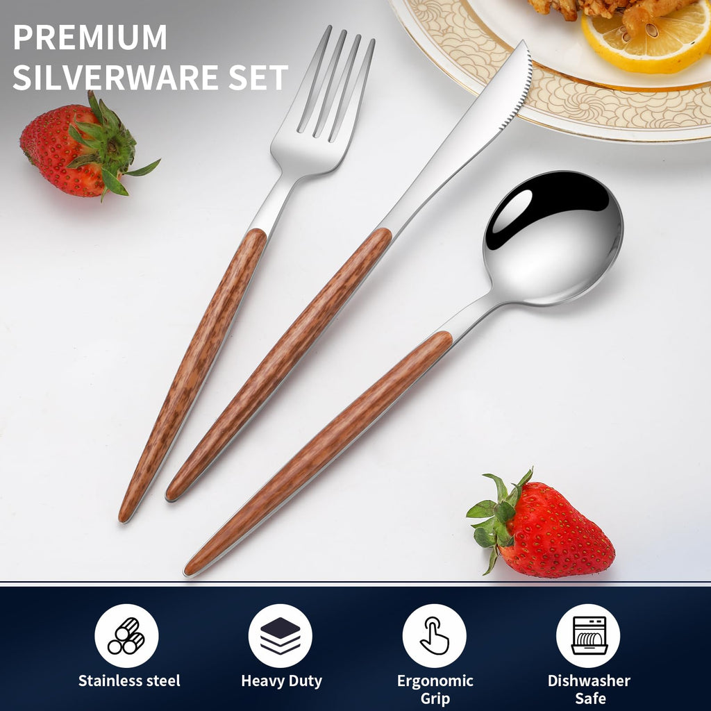 16-Piece Silverware Set for 4, Wood-Grain Handle Flatware