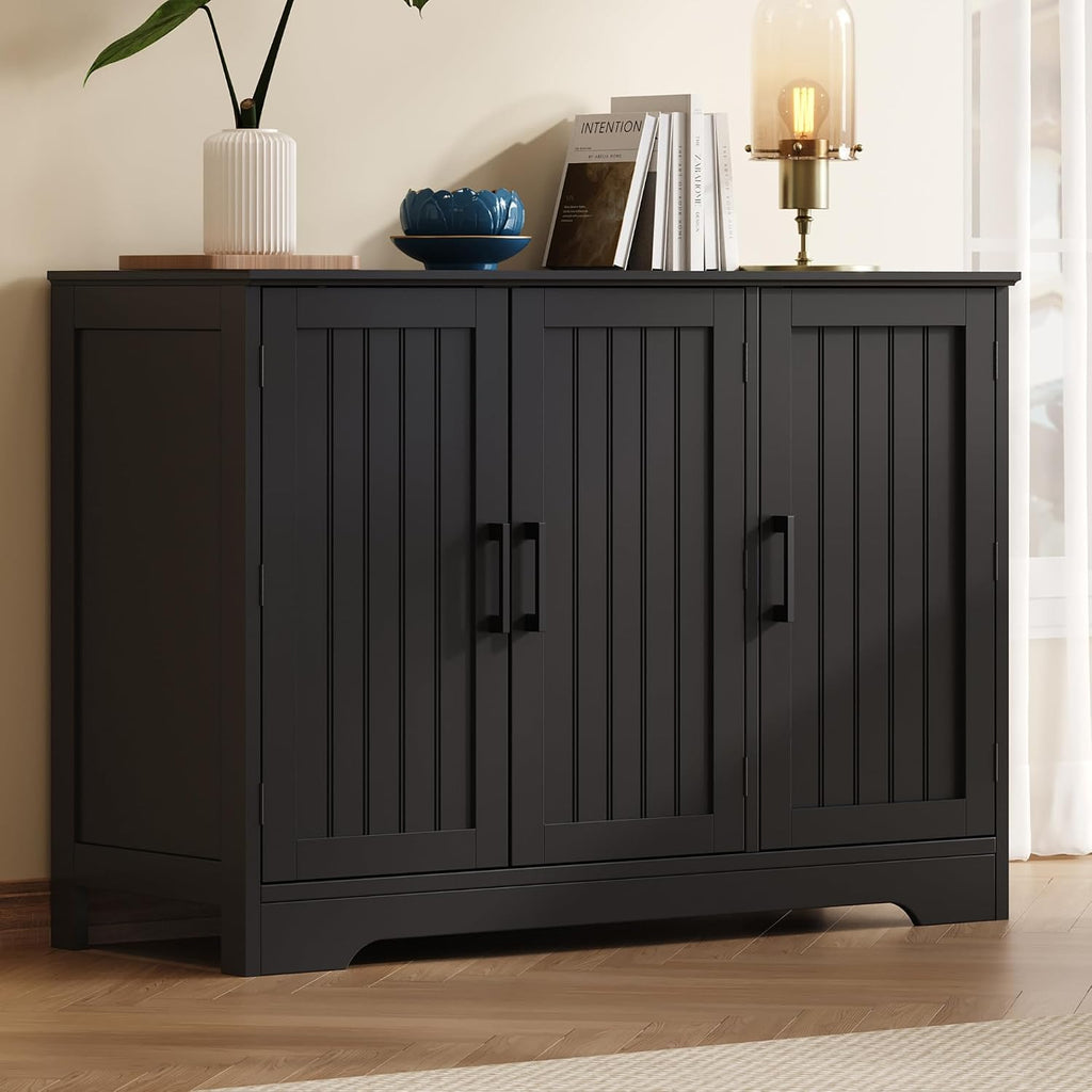 Modern Sideboard Buffet Cabinet with Adjustable Shelves | Coffee Bar Storage Cabinet, 3 Doors, Black