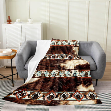 Western Plush Throw Blanket Cowhide Cow Print Retro Fur Flannel Blanket Queen 90"x90" Boho Rustic Farmhouse All