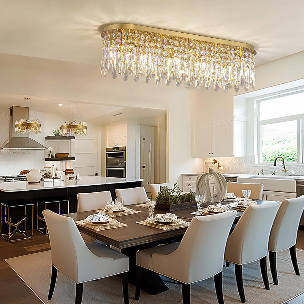 40'' Gold Crystal Chandelier for Dining Room, 10-Light Modern Flush Mount Crystal Ceiling Light, Luxury Dimmable K9