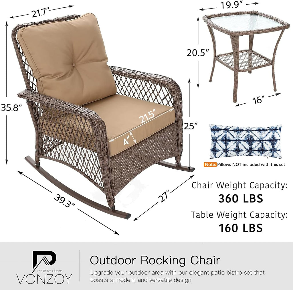 Patio Furniture Set 3 Pieces, Wicker Outdoor Rocking Bistro Set, Khaki | Outdoor Rocker Chairs with 4" Thick Cushions