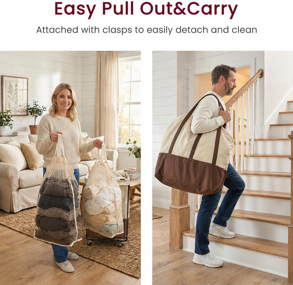 Double Laundry Hamper with Lid, Rolling Laundry Basket with Wheels and 2 Removable 75L Bags, 2 Section Large Capacity