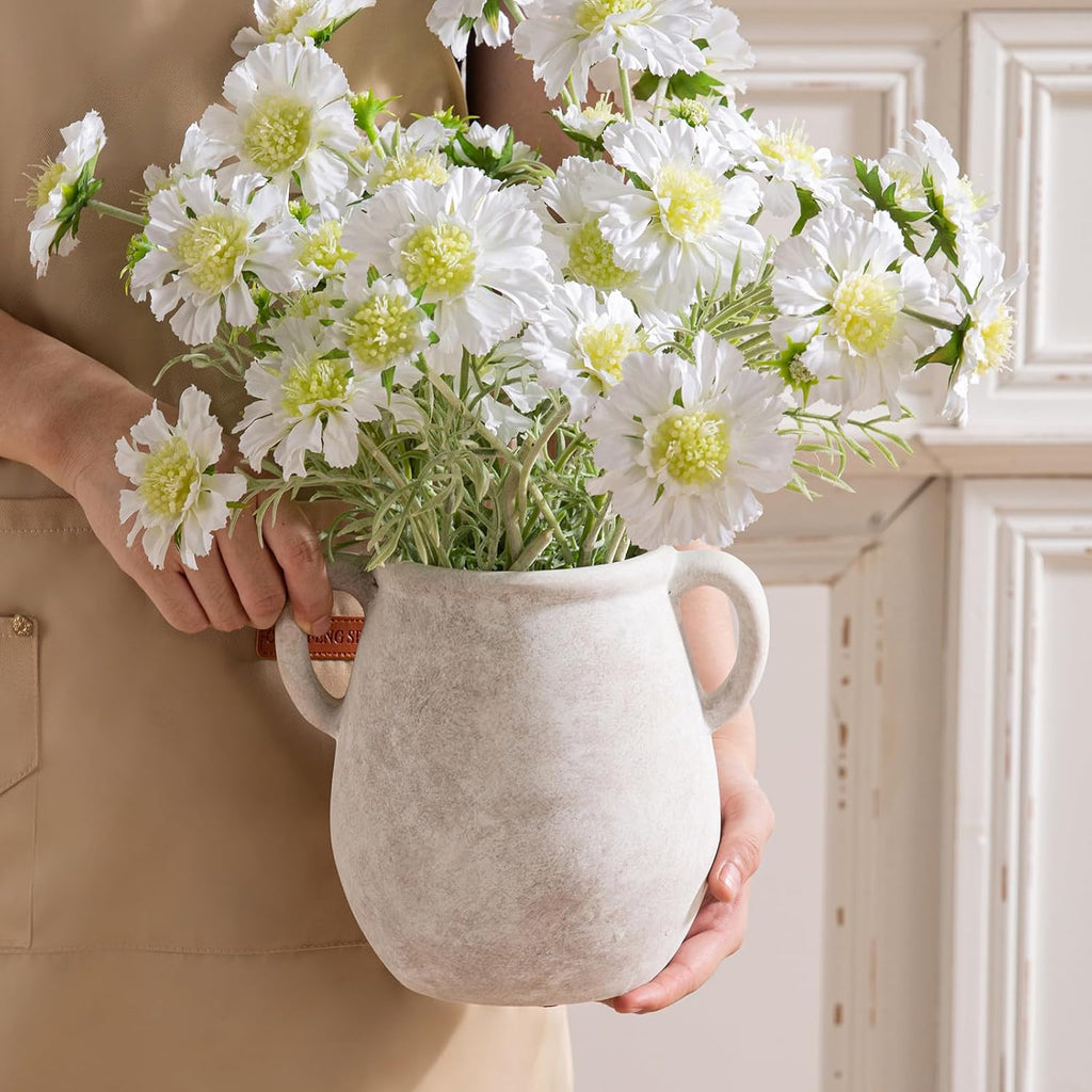 Ceramic Flower Vase Home Decor - 7.1 Inch White Rustic Table Flowers Vases