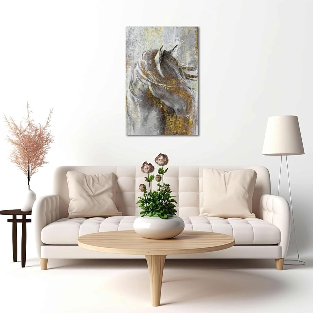Horse Wall Art Abstract Gold Grey Horse Canvas Paintings Modern Horse Wall Decor Bedroom Office Framed 24"x36"
