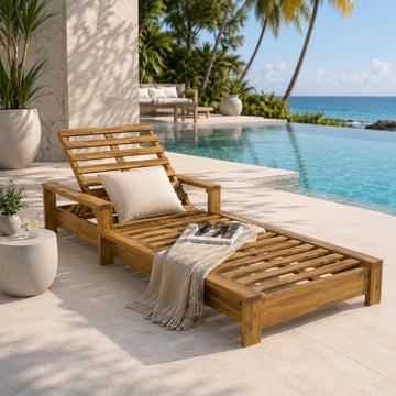 Acacia Wood Chaise Lounge Chair Outdoor, Solid Wood Patio Chaise Lounge, Adjustable Backrest Sun Lounger