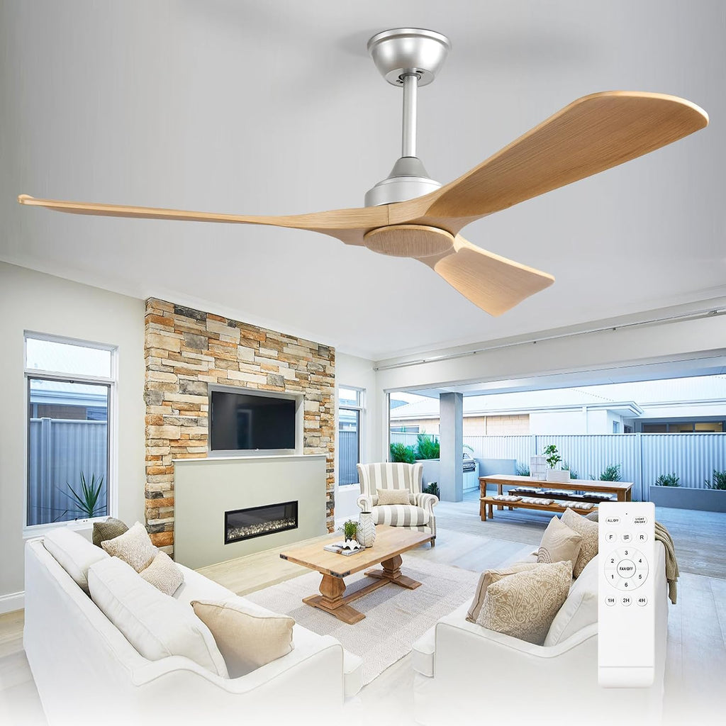 52 Inch 3 Blade Indoor Outdoor Fans for Patios - Wood Ceiling Fan No Light Remote APP Control Ultra Quiet DC Motor Reversible 6 Speed Timer