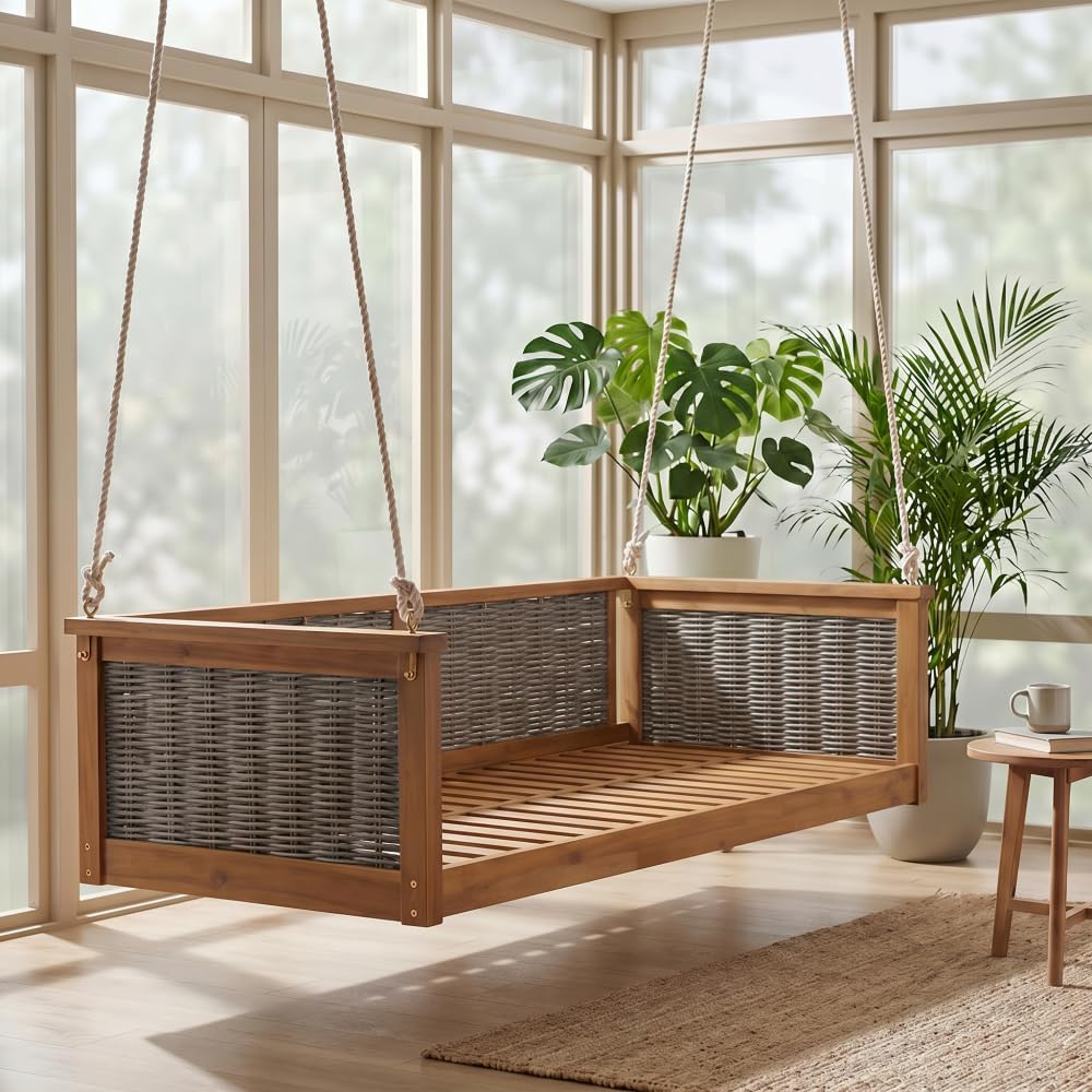 Porch Swing Bed, Twin Size Outdoor Solid Wood Hanging Daybed with Rattan Frame Long Ropes Teak Garden Swing Bench for