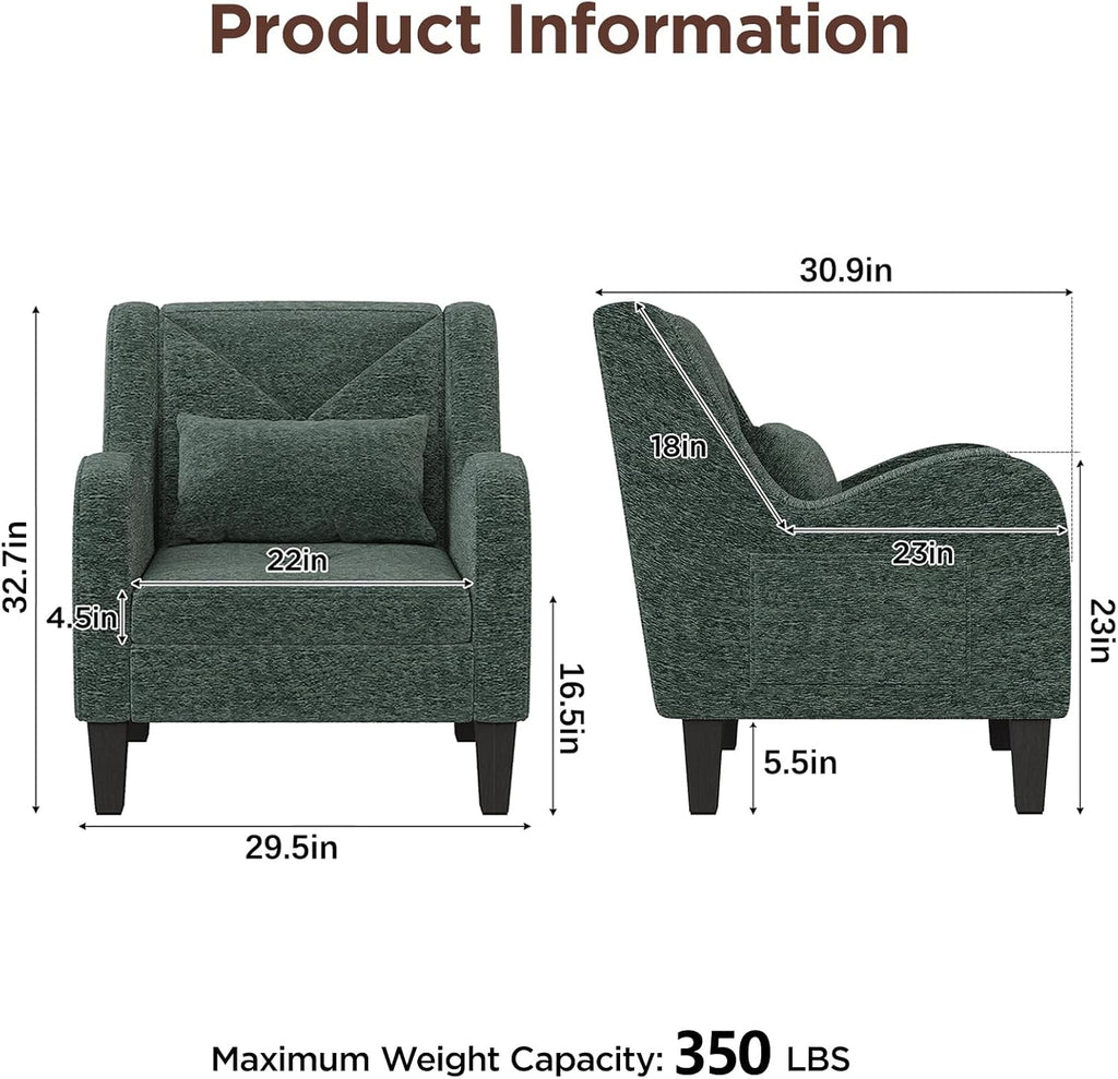 Chenille Accent Chair Bedroom Chair Comfy Reading Chair Upholstered Arm Chair, Single Sofa Chair with Lumbar Pillow