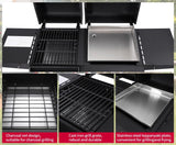 2-Burner Propane and Charcoal Grill Combo with Cast Iron Grates and Stainless Steel Flat Top Griddle for Outdoor BBQ