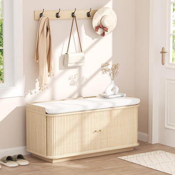 Hall Tree with Bench and Shoe Storage, Entryway Bench with Sliding Door Cabinet, Removable Padded, Metal Wall Hooks