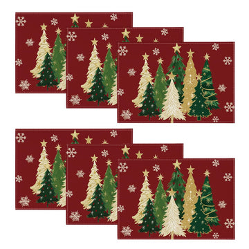 Xmas Trees Snowflakes Winter Placemats Set of 6, 12x18 Inch Seasonal Red Christmas Table Mats for Party Kitchen