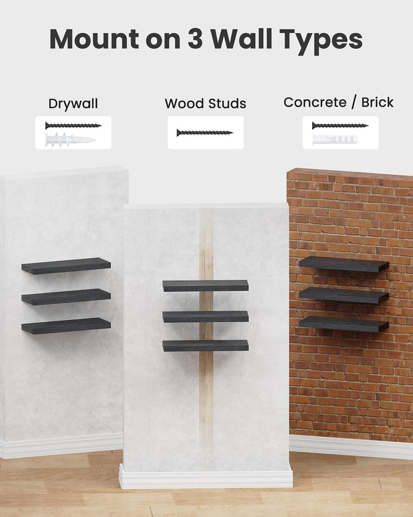 Floating Shelves Black, Wall Shelves with Invisible Brackets , Set of 3 - AMFS07
