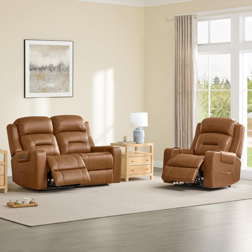 Genuine Leather Power Loveseat Recliner Sofa, Lay Flat Loveseat Reclining Sofa with Power Headrest, Cup Holders, USB