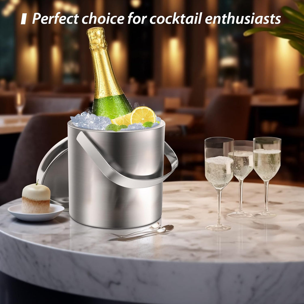 Mini Ice Bucket 1.2 Liter, Premium Compact Double-Wall Stainless Steel with Lid & Ice Tong