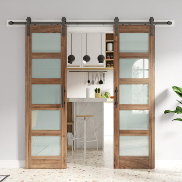 Double 24 x 84 inch Glass Barn Doors 48inch Barn Door with 8FT Hardware Kit & Handle Included,5-Panel Frosted Glass