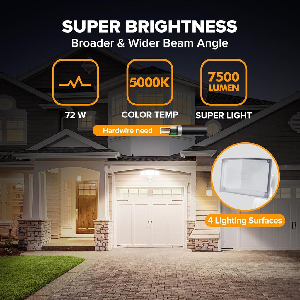 72W 7500LM LED Security Lights Motion Sensor Light Outdoor, 5000K Daylight, IP65 Waterproof, Dusk to Dawn, 3-Head