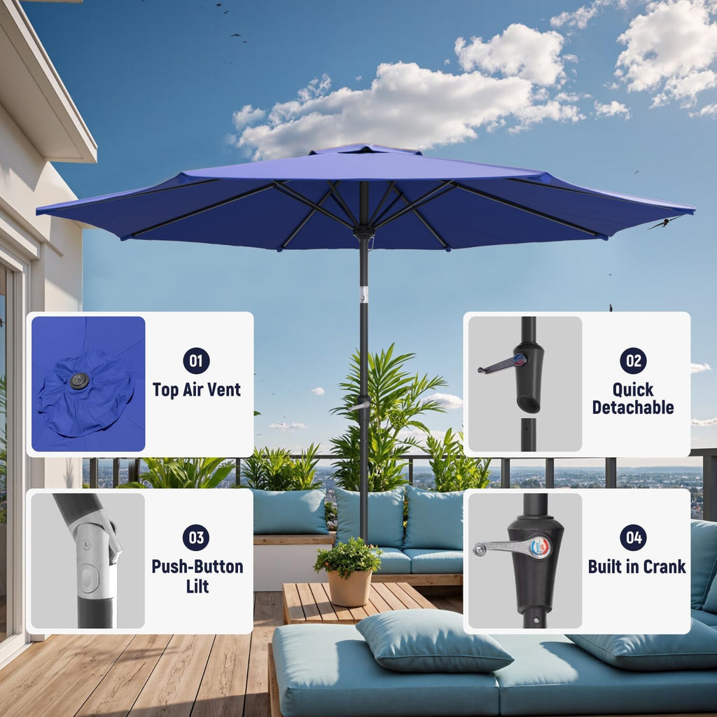 Outdoor Patio Umbrella with One Push Button Tilt and Crank, 8 Sturdy Ribs Market Table Umbrella